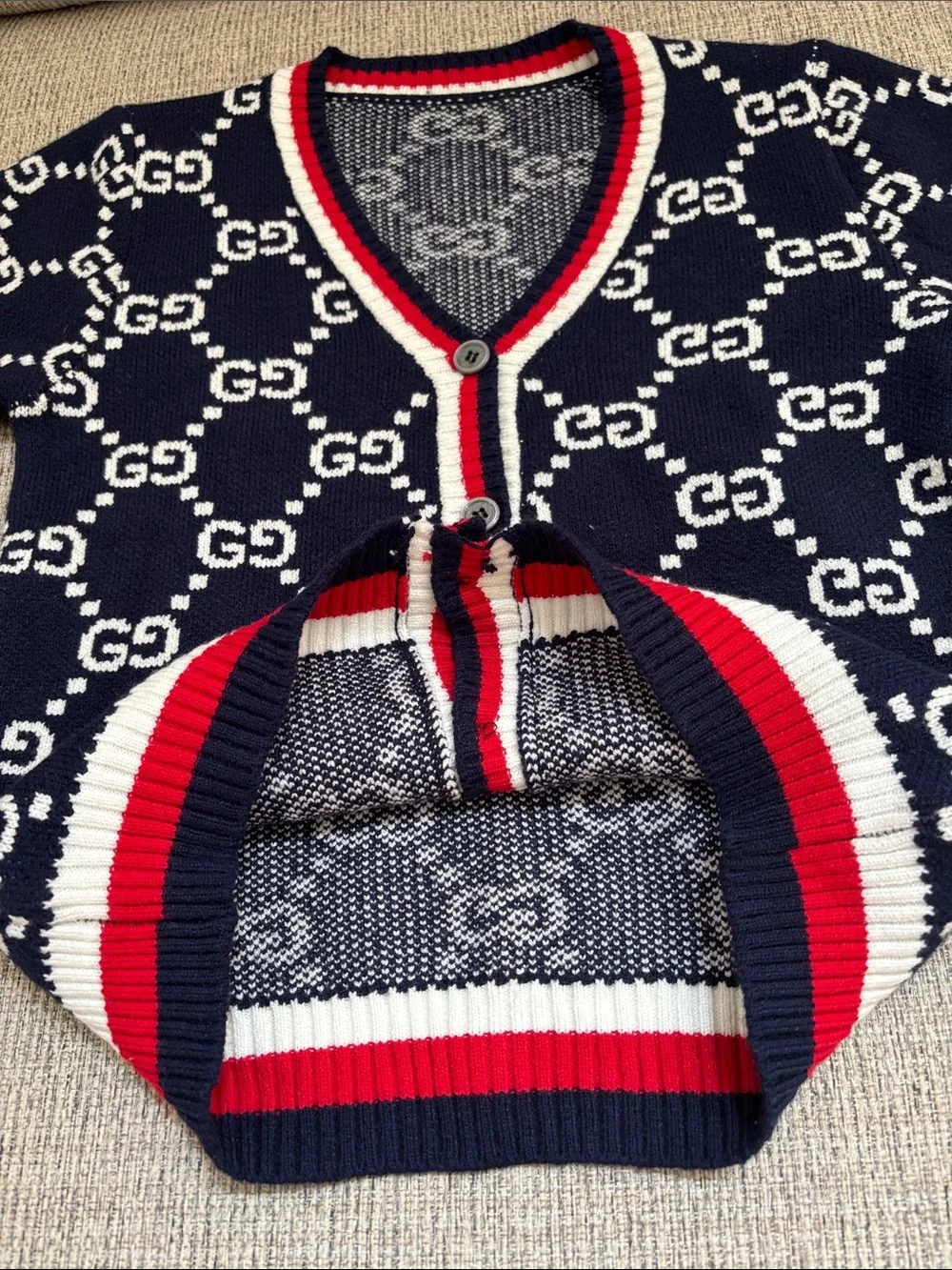 Kids Navy & White GG Logo Knit Cardigan w Red Trim no size tag look pics cute - Picture 8 of 10